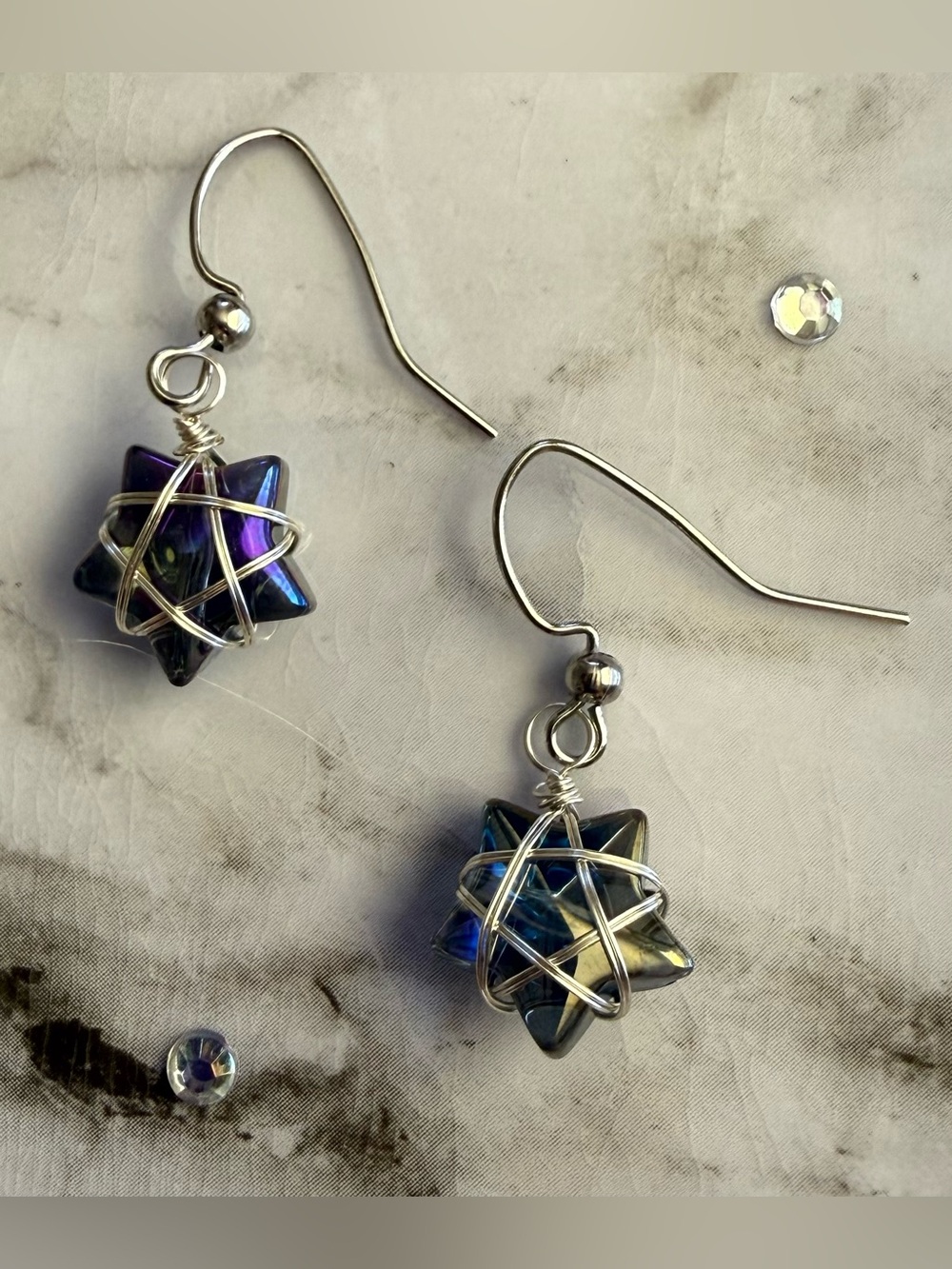 Silver Wire-Wrapped Iridescent Blue Star Earrings